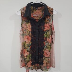Womens Top Size Large Sheer Floral Black Lace Whimsigoth Fairy Sleeveless Button